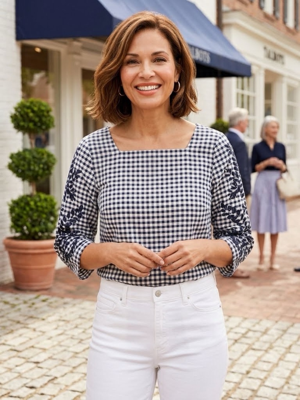 Talbots Petites Gingham Embroidered Sleeve Blouse Navy White MP Square Neck EUC